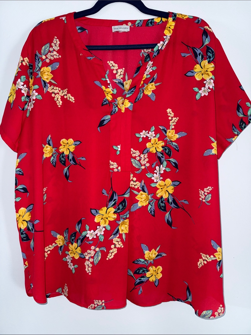 Van Heusen Red Floral V-Neck Short Sleeve Blouse with Yellow Flowers